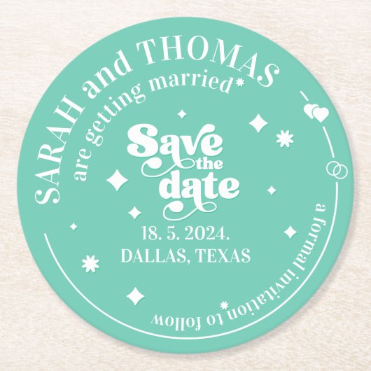 Moderne Retro groovy groene jaren 70 bruiloft besp Ronde Kartonnen Onderzetter (Voorkant)