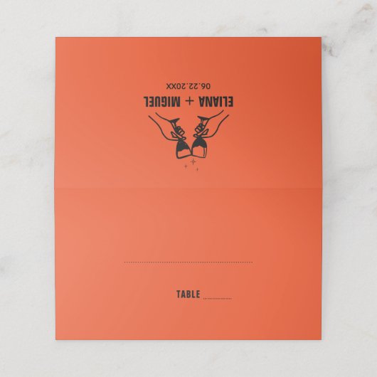 Moderne retro handtrekking bruiloft plaatskaartje (Buitenkant ongevouwen)