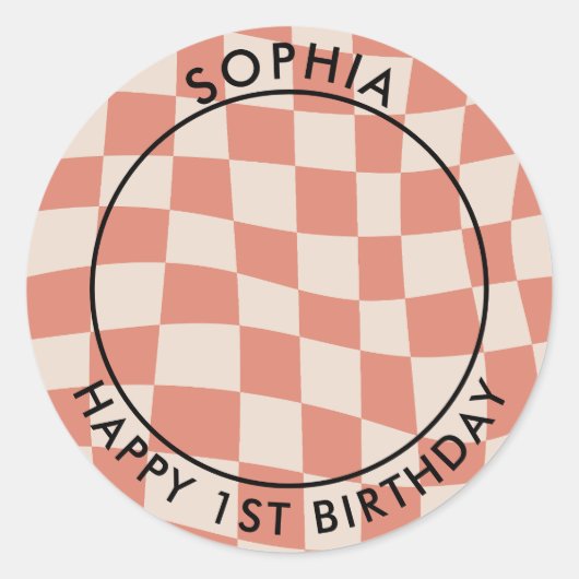 Moderne Retro Happy 1e Verjaardag Fotocheck Ronde Sticker (Voorkant)