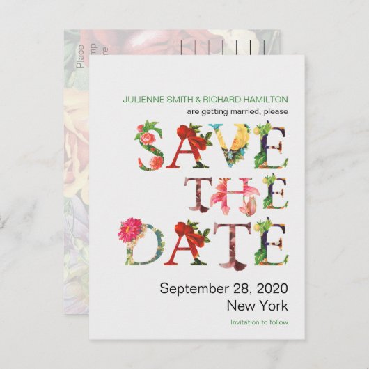 Moderne Retro Kleurrijke Bloemen Bewaar de Datum Aankondigingskaart (Voorkant / Achterkant)