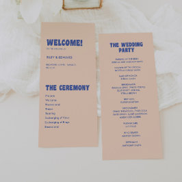 Moderne Retro & Krachtig Blauw Beige Bruiloft Programmakaart