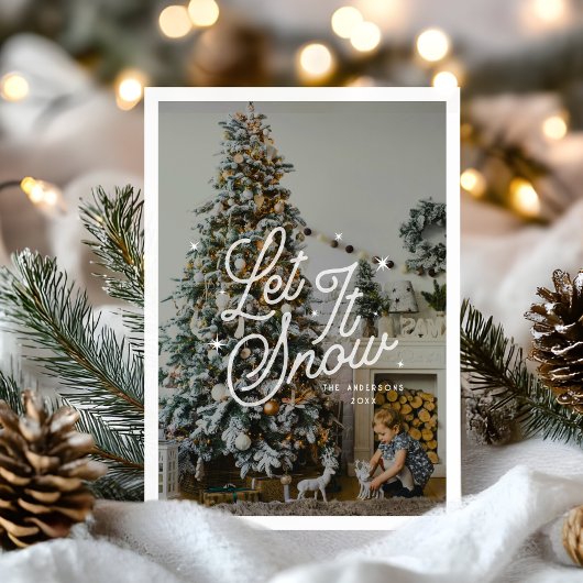 Moderne Retro Laat Het Sneeuwfoto Kerstscript Feestdagenkaart