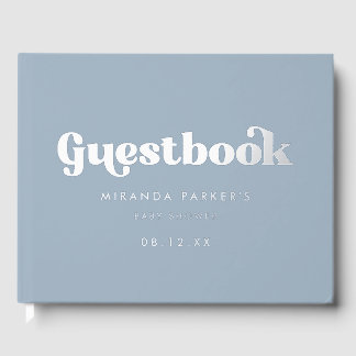 Moderne Retro Lettering Blauwe Baby Shower Feest Gastenboek