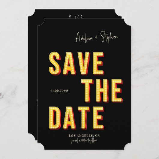 Moderne Retro Lichte Marquee Broadway Stijl Foto Save The Date (Voorkant / Achterkant)