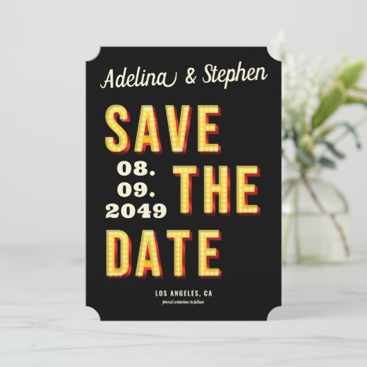 Moderne Retro Lichte Marquee Broadway Stijl Foto Save The Date (Staand voorkant)
