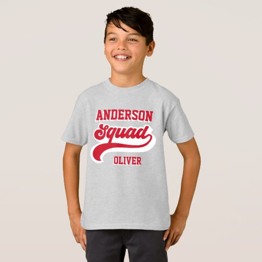 Moderne retro matching squad familie rood wit t-shirt (Voorkant volledig)