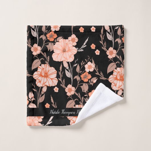 Moderne retro met stijlvol script l Zwart bloemig Bad Handdoek (Wasdoekje)