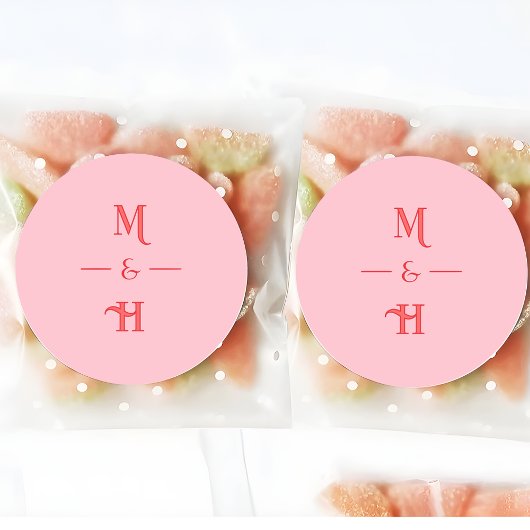 Moderne Retro Monogram Roze & Rode Huwelijk Ronde Sticker