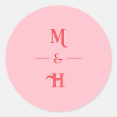 Moderne Retro Monogram Roze & Rode Huwelijk Ronde Sticker (Voorkant)