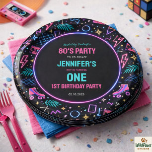 Moderne Retro Neon 80’er 1e Verjaardagsfeestje Papieren Bordje