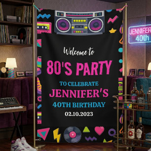 Moderne Retro Neon 80’er Verjaardagsfeest voor Vol Spandoek