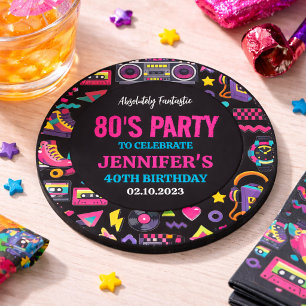 Moderne Retro Neon 80’er Verjaardagsfeest voor Vol Zandsteen Onderzetter