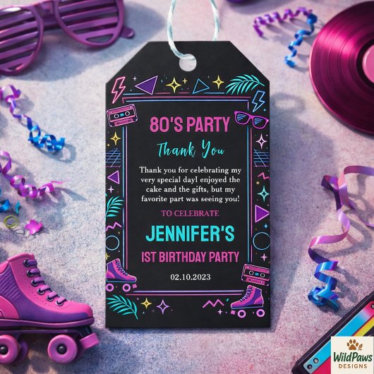 Moderne Retro Neon 80’s 1e Verjaardagsfeestje Cadeaulabel