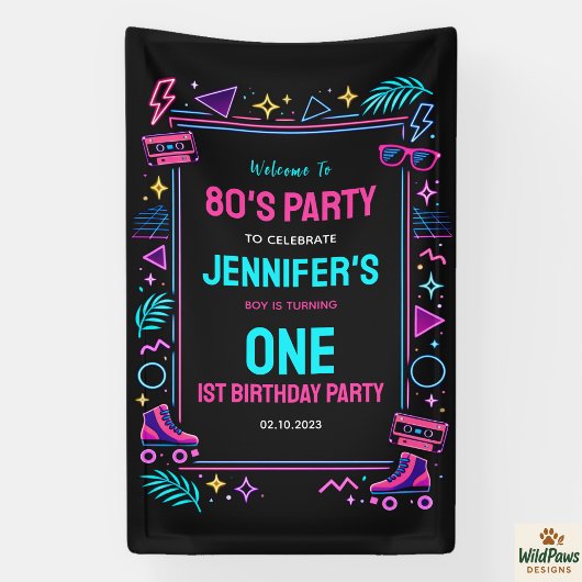 Moderne Retro Neon 80’s 1e Verjaardagsfeestje Spandoek