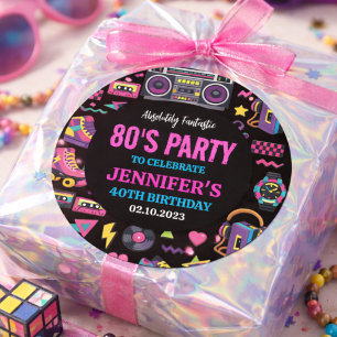Moderne Retro Neon 80'er Verjaardagsfeest voor Vol Ronde Sticker