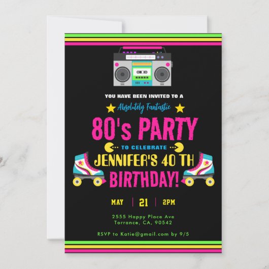 Moderne Retro Neon 80's verjaardagsfeestje Kaart (Voorkant)