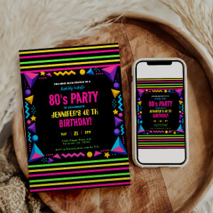 Moderne Retro Neon 80's Verjaardagsfeestje Kaart