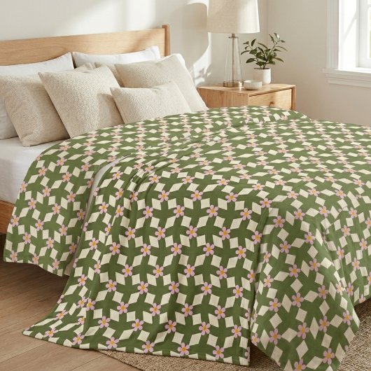 Moderne Retro Olijf & Roze Bloem Grid Dekbed Fleece Deken