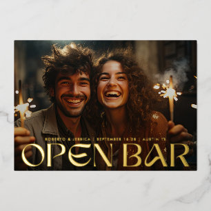 Moderne Retro Open Bar Foto Save The Date Goud Folie Uitnodiging