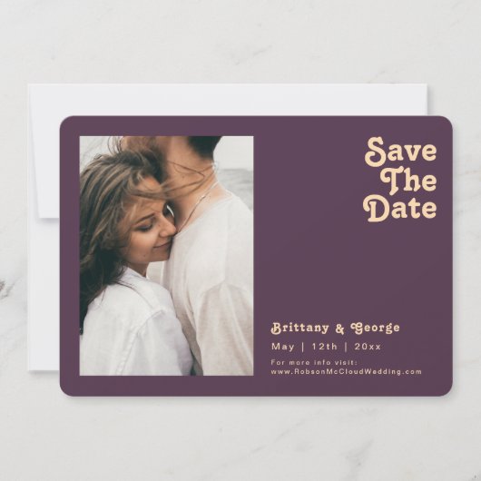 Moderne Retro Paarse foto horizontale afgeronde ra Save The Date (Voorkant)