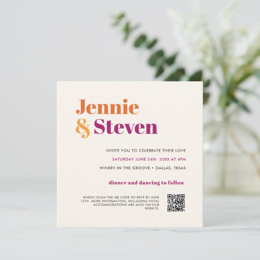 Moderne Retro Paarse Oranje QR CODE ALLES IN ÉÉN Kaart (Staand voorkant)