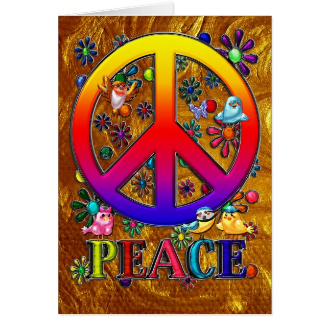 Moderne Retro Peace Sign Text Birds & Flowers II (Voorkant)