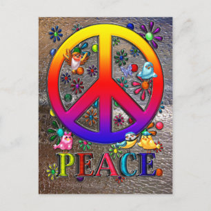 Moderne Retro Peace Sign Text Birds & Flowers II Briefkaart