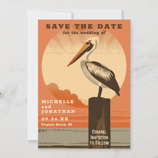 Moderne Retro Pelican Beach bruiloft Save The Date (Voorkant)