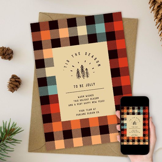 Moderne Retro Plaid  Trees Business Feestdagenkaart