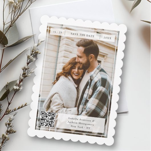 Moderne Retro Postzegel QR Code Huwelijk Save The Date