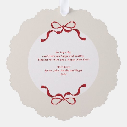 Moderne Retro Red Bows Trendy kerstfoto Ornament Kaart (Achterkant)