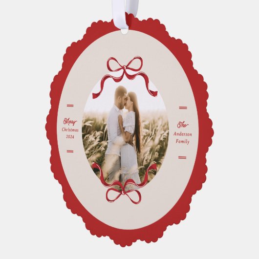 Moderne Retro Red Bows Trendy kerstfoto Ornament Kaart (Links)
