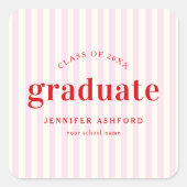 Moderne Retro Red & Pink Stripes Afstudeerfeest Vierkante Sticker (Voorkant)
