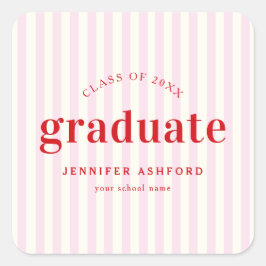 Moderne Retro Red & Pink Stripes Afstudeerfeest Vierkante Sticker