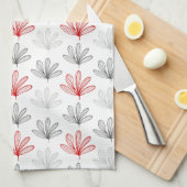 Moderne Retro Rood en Grijs Bloemen Theedoek (Quarter Fold)