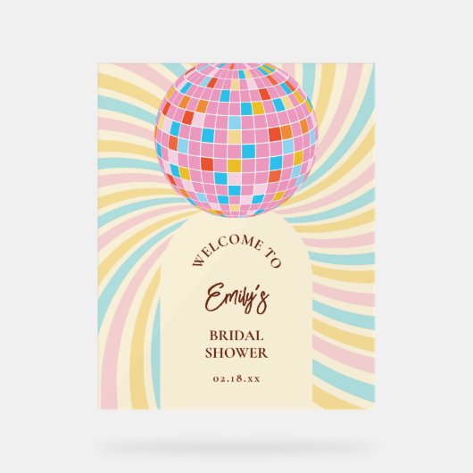 Moderne Retro Roze Disco Bal Bruiloft Feest Welkom Acryl Bord (Voorkant)