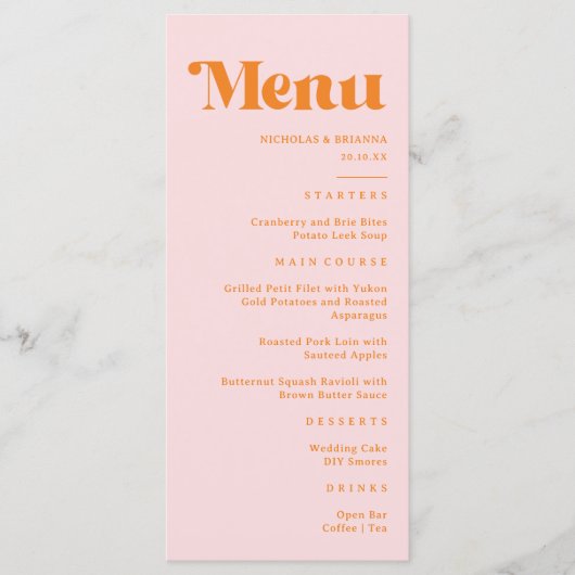 Moderne Retro Roze en Oranje bruiloft Menu (Voorkant)
