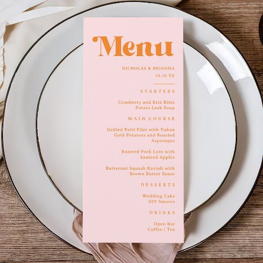 Moderne Retro Roze en Oranje bruiloft Menu