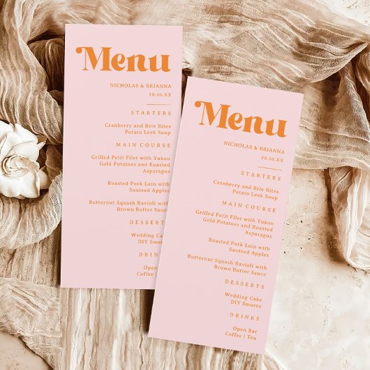 Moderne Retro Roze en Oranje bruiloft Menu