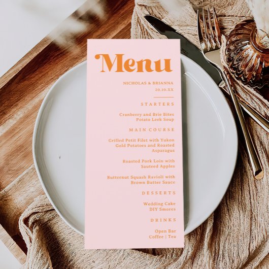 Moderne Retro Roze en Oranje bruiloft Menu