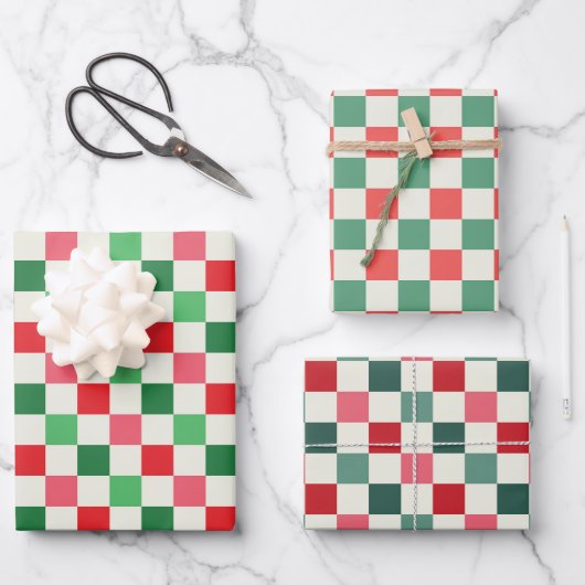 Moderne Retro Roze Kerstcheck Inpakpapier Vel (Voorkant)