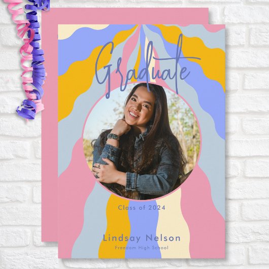 Moderne Retro Roze Paarse Waves Foto Afstuderen Kaart