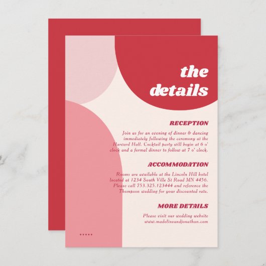 Moderne Retro Roze Rode Boogbogen Bruiloft Details Informatiekaartje (Voorkant / Achterkant)