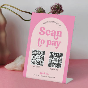 Moderne Retro Roze Scan om te Betalen 2 QR-code be Reclamebord Met Voetstuk