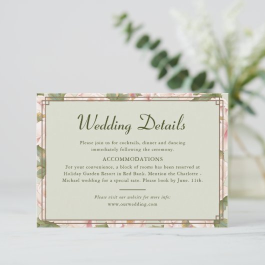 Moderne Retro Sage Groen en Blush Wedding Details Informatiekaartje (Staand voorkant)