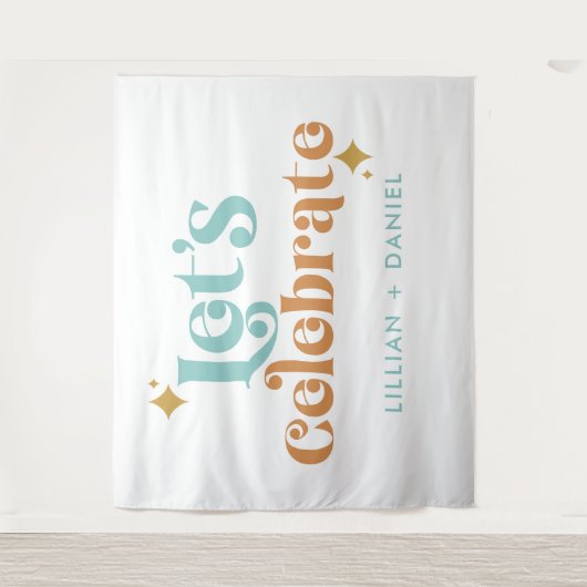 Moderne Retro Sinaasappel en Blauwgroen bruiloft Wandkleed (Voorkant)