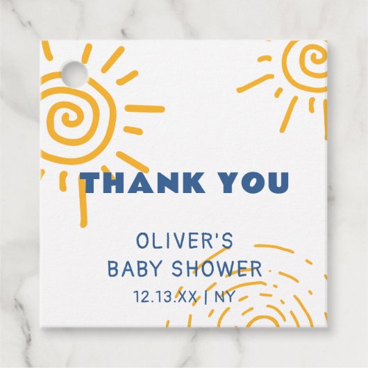 Moderne retro straal van zonneschijn Baby shower Bedankjes Labels (Voorkant)