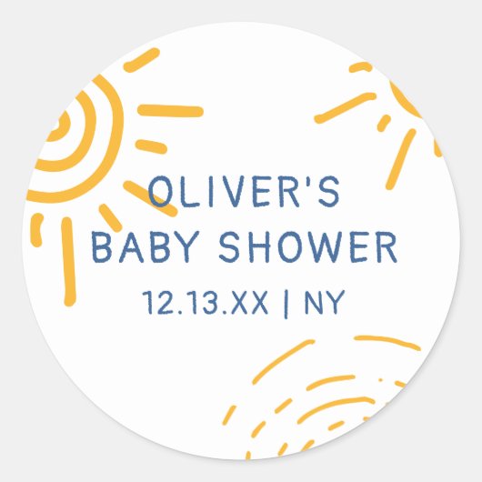 Moderne retro straal van zonneschijn Baby shower Ronde Sticker (Voorkant)