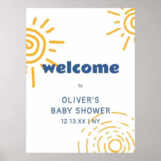 Moderne retro straal van zonneschijn Baby shower w Poster (Voorkant)