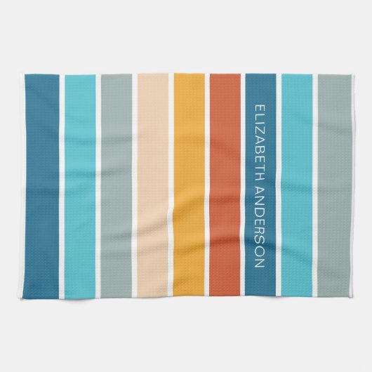 Moderne Retro Sunset Stripes gepersonaliseerd Theedoek (Horizontaal)